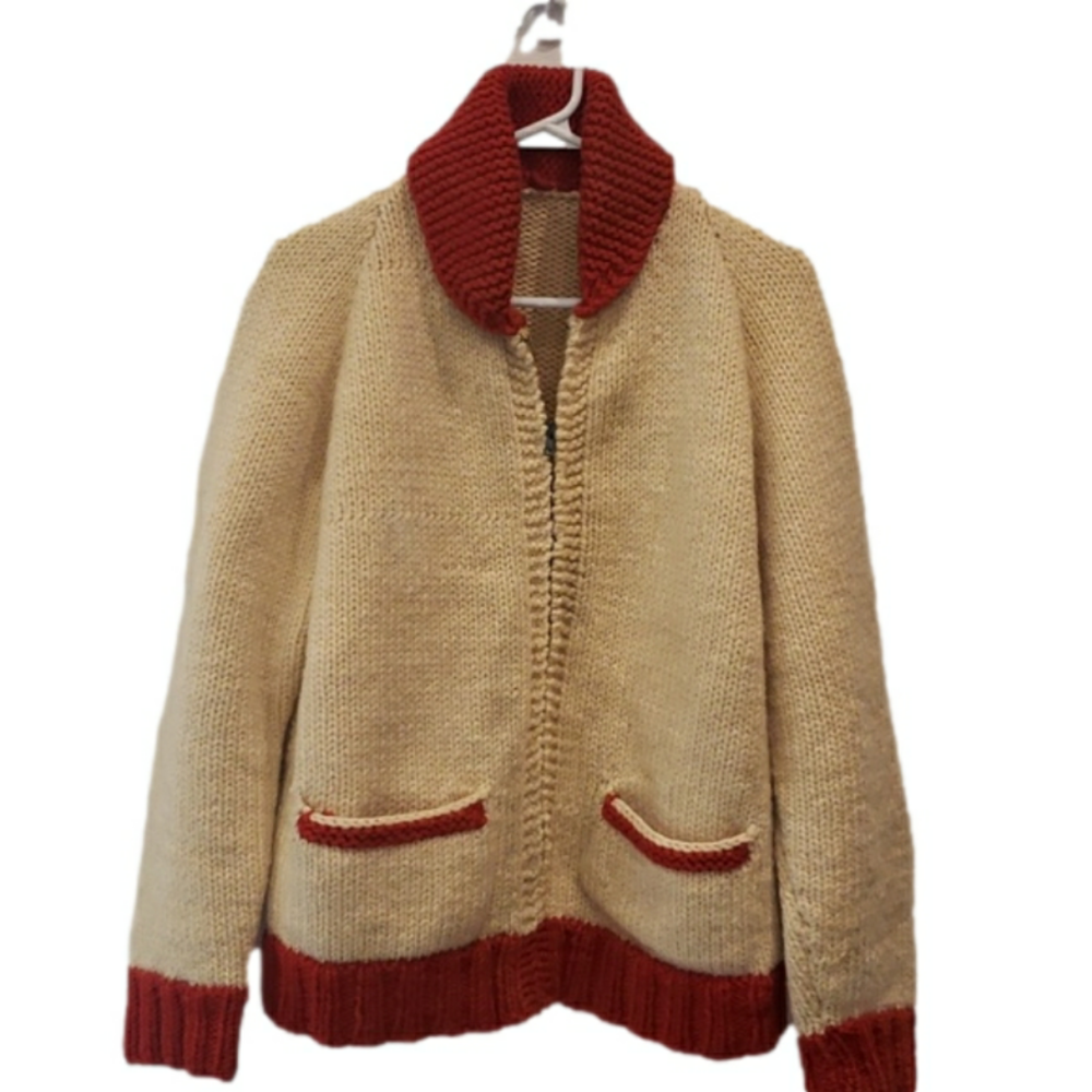 Unbranded Cardigan Handmade Ivory Red Collar Full Zip Women's M (no tags)